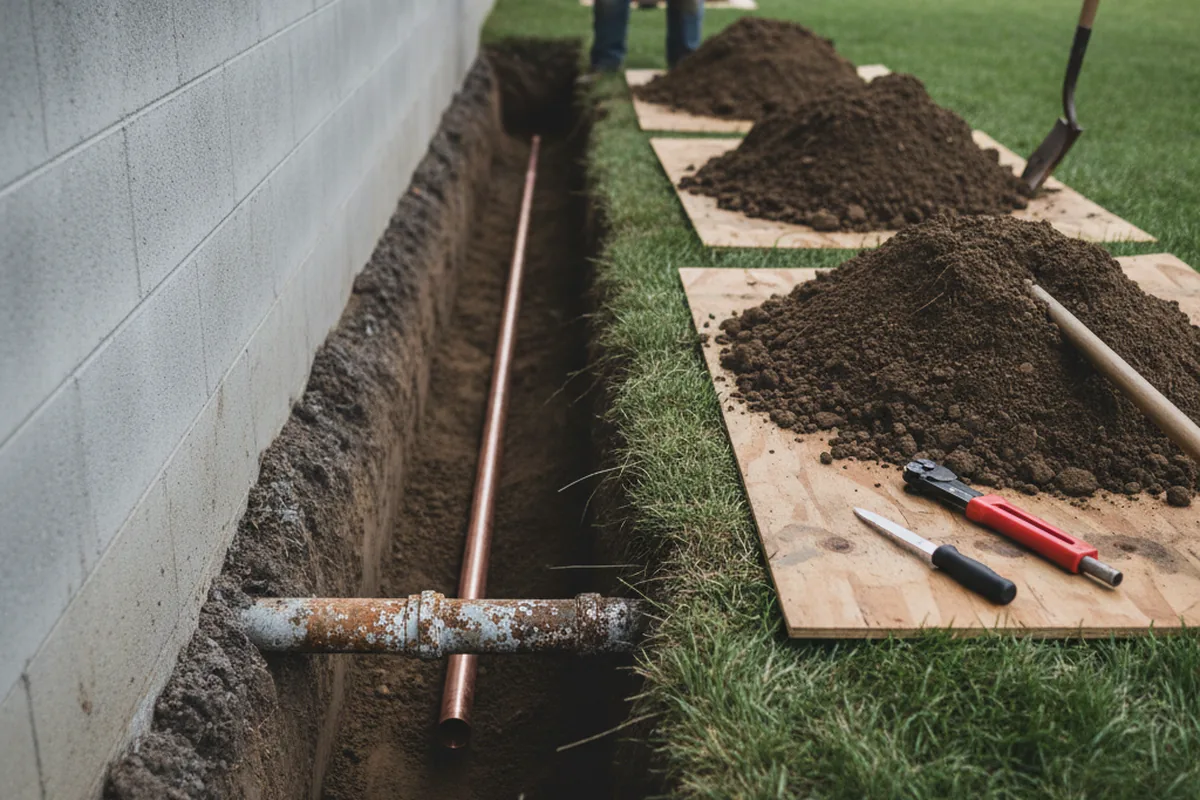 Excavated water line trench during Sewer Line Repair in Diamondhead